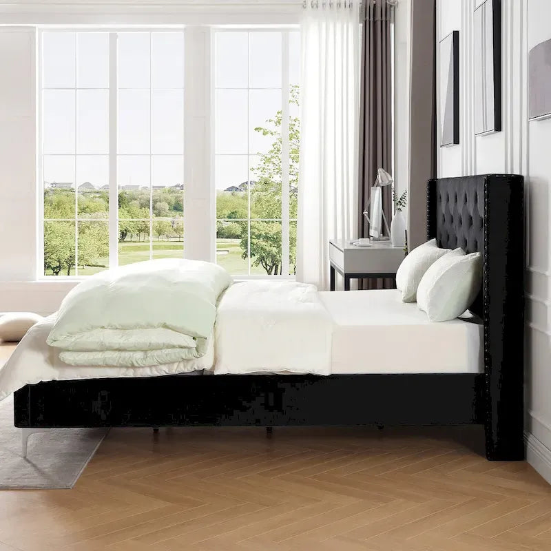 Queen Size Velvet Upholstered Platform Bed Frame with 6 inches Metal Legs