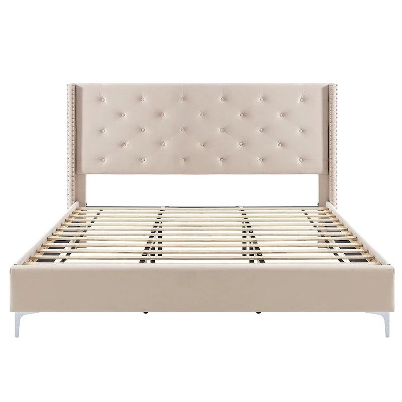 Queen Size Velvet Upholstered Platform Bed Frame with 6 inches Metal Legs