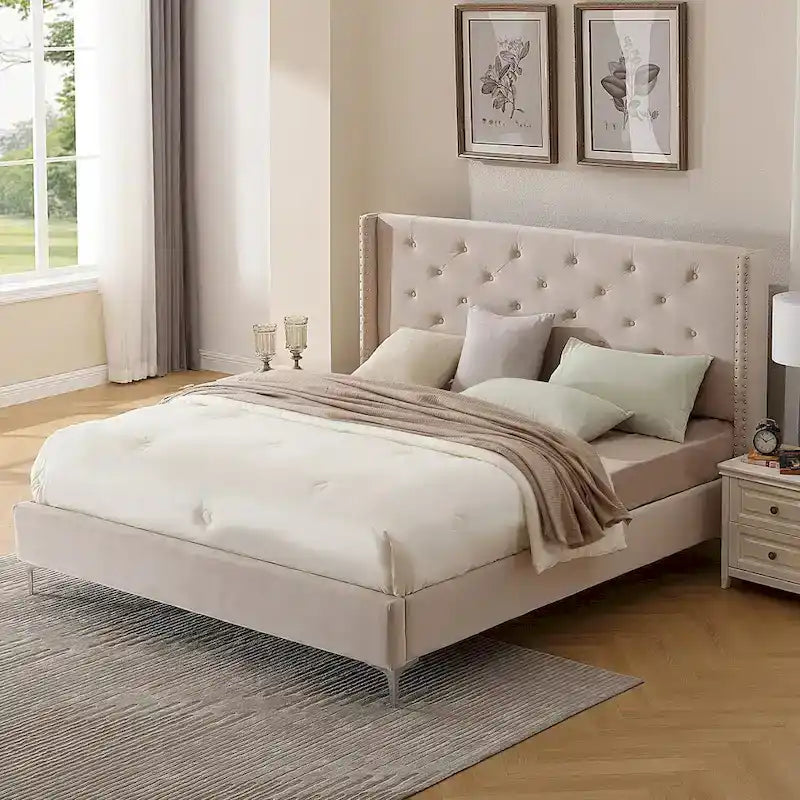 Queen Size Velvet Upholstered Platform Bed Frame with 6 inches Metal Legs
