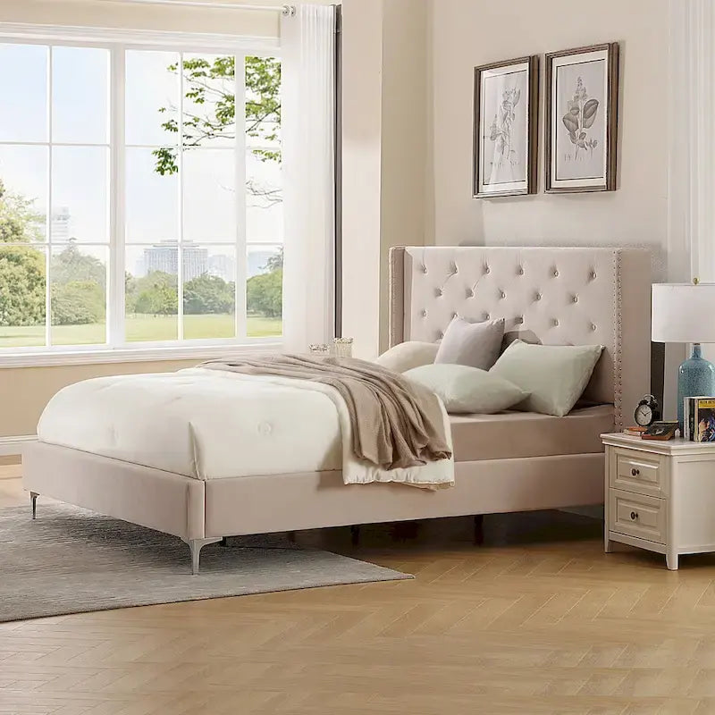 Queen Size Velvet Upholstered Platform Bed Frame with 6 inches Metal Legs
