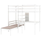 Lit mezzanine convertible avec bureau en L, Lit superposé jumeau avec étagères et échelle, Blanc