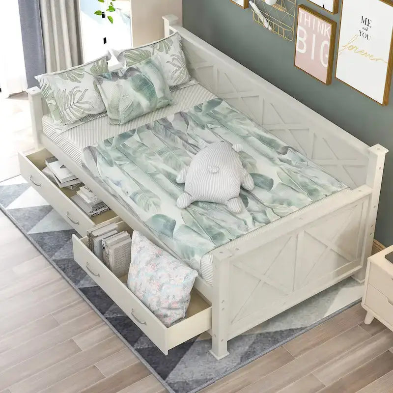 Twin Size Wooden Modern and Rustic Casual Style Daybed, Cream White