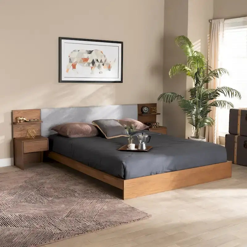 Modern Platform Storage Bed with Built-In Nightstands (Queen)
