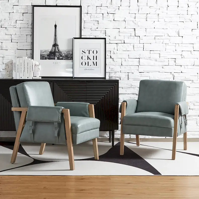 Olivia Farmhouse Faux Leather Accent Chair with Solid Wood Legs Sets of 2 by HULALA HOME