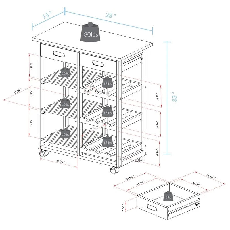 Solid Wood 4-Tier Rolling Kitchen Cart with Wine Rack and Drawer