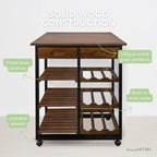 Solid Wood 4-Tier Rolling Kitchen Cart with Wine Rack and Drawer