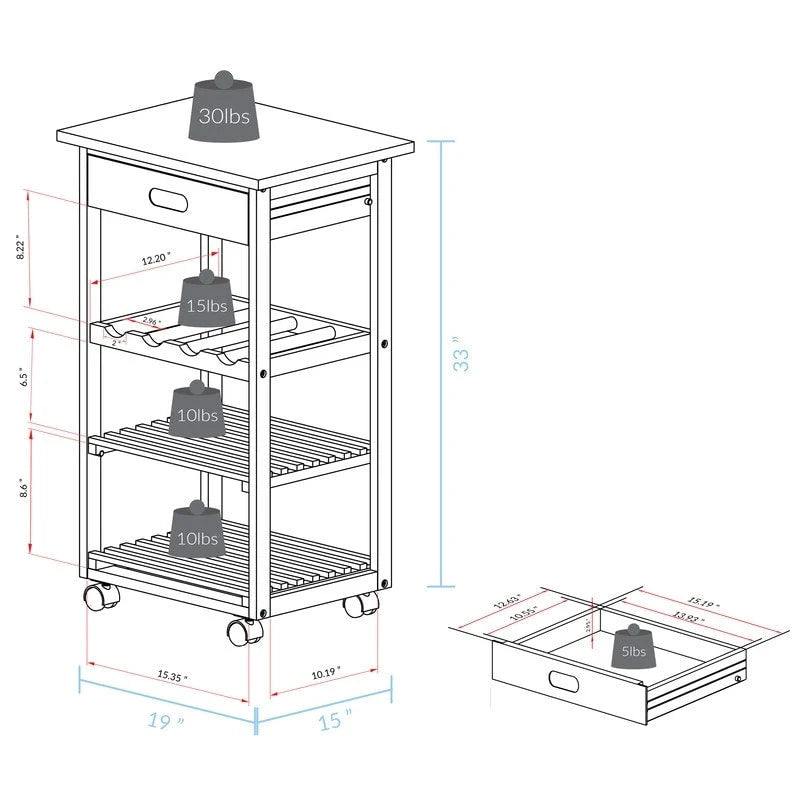 Solid Wood 4-Tier Rolling Kitchen Cart with Wine Rack and Drawer