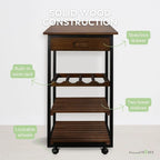 Solid Wood 4-Tier Rolling Kitchen Cart with Wine Rack and Drawer