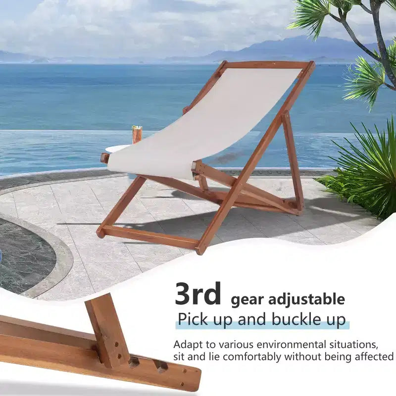 FDW Beach Sling Patio Chair for Relaxing, Foldable with Adjustable Height Made from Eucalyptus Wood with White Polyester