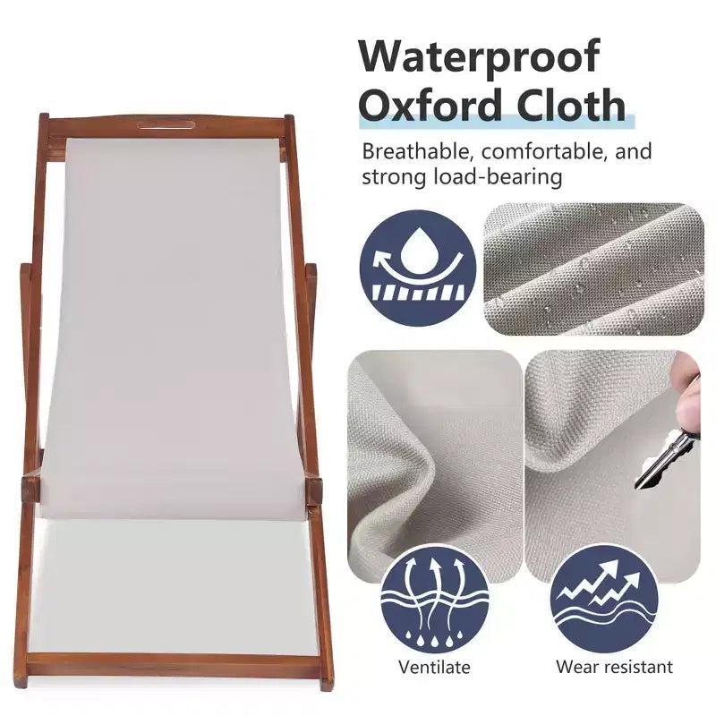 FDW Beach Sling Patio Chair for Relaxing, Foldable with Adjustable Height Made from Eucalyptus Wood with White Polyester