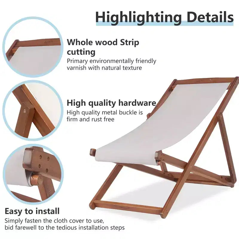 FDW Beach Sling Patio Chair for Relaxing, Foldable with Adjustable Height Made from Eucalyptus Wood with White Polyester