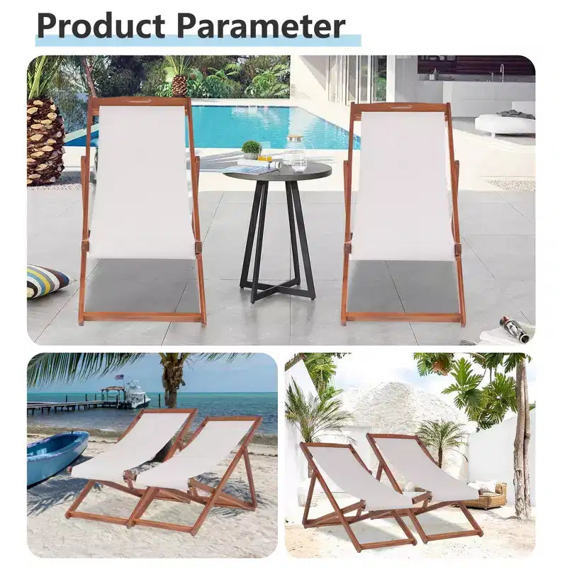 FDW Beach Sling Patio Chair for Relaxing, Foldable with Adjustable Height Made from Eucalyptus Wood with White Polyester