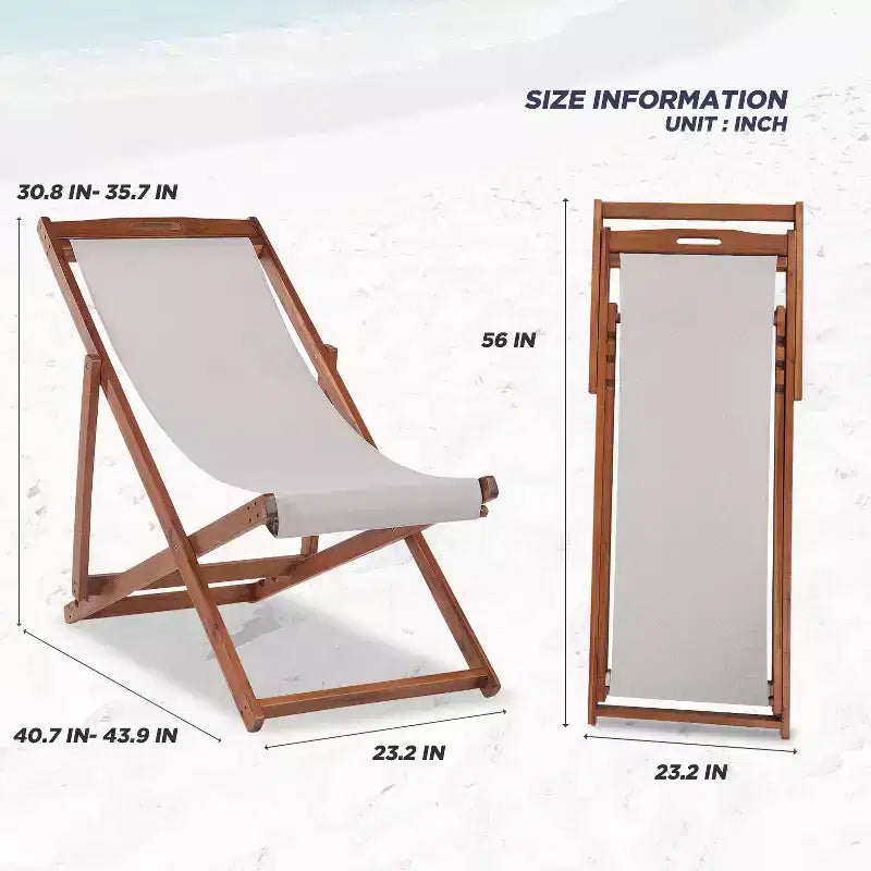 FDW Beach Sling Patio Chair for Relaxing, Foldable with Adjustable Height Made from Eucalyptus Wood with White Polyester