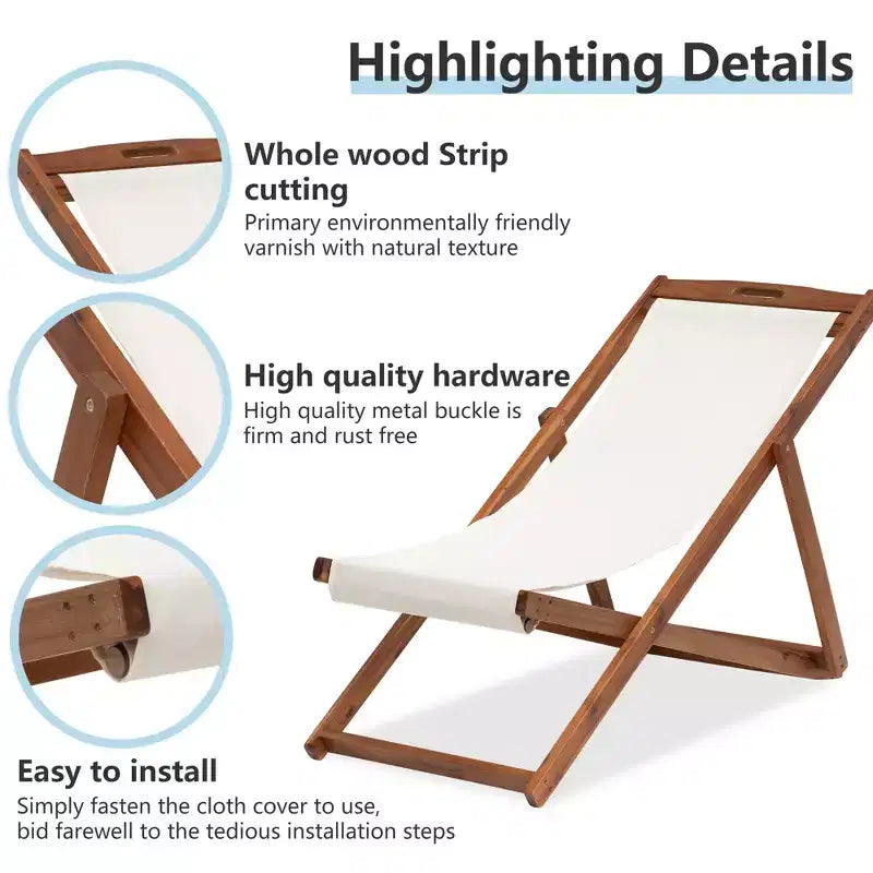 FDW Beach Sling Patio Chair for Relaxing, Foldable with Adjustable Height Made from Eucalyptus Wood with White Polyester