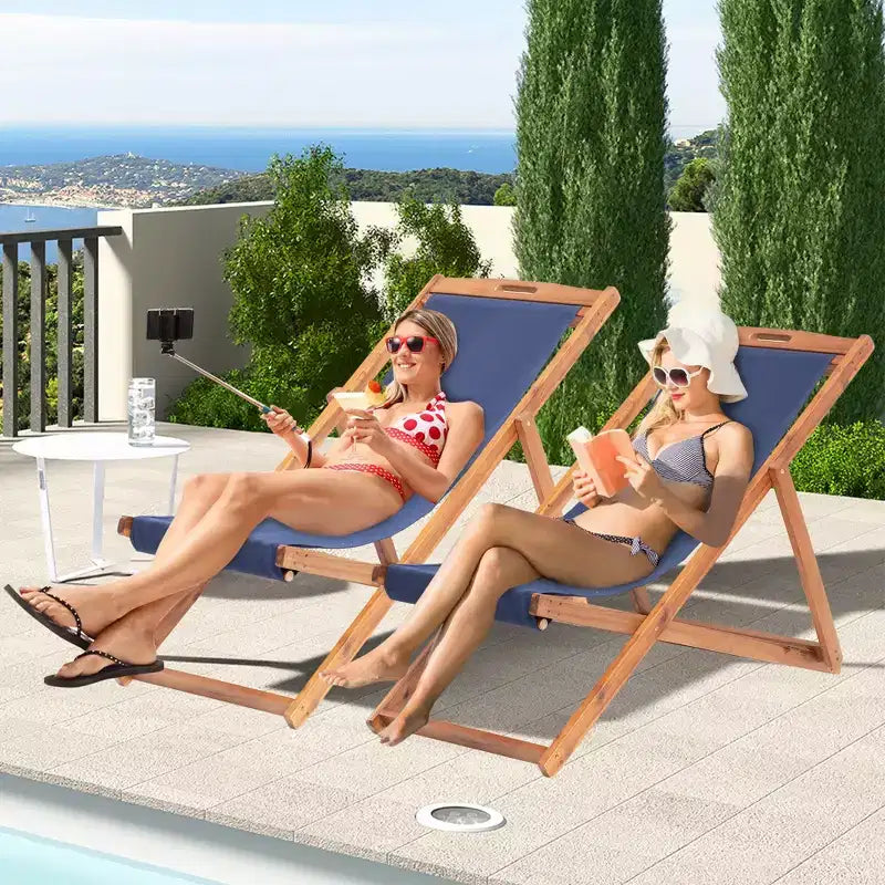 FDW Beach Sling Patio Chair for Relaxing, Foldable with Adjustable Height Made from Eucalyptus Wood with White Polyester