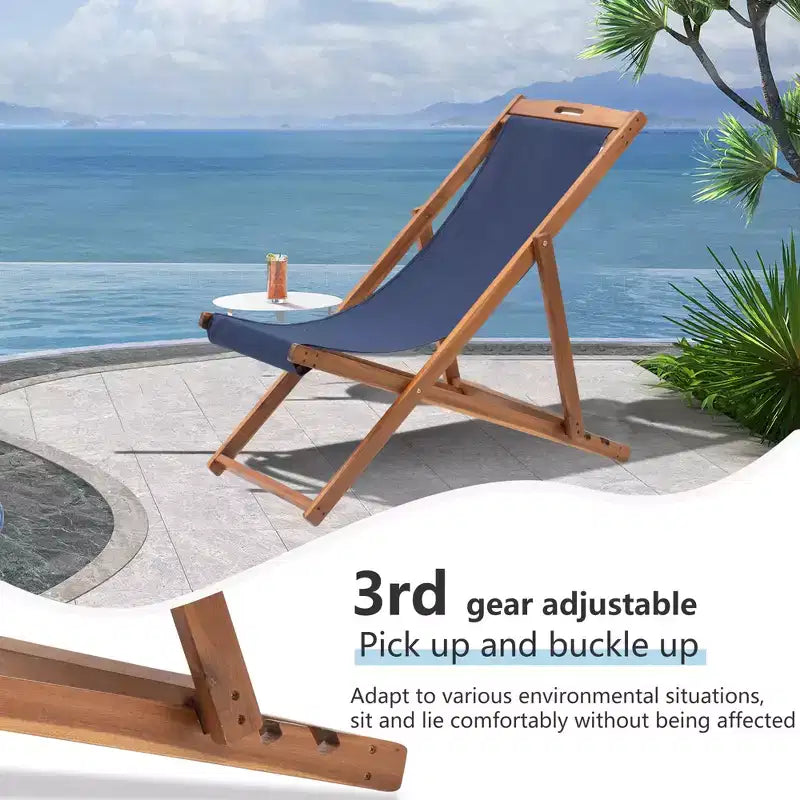 FDW Beach Sling Patio Chair for Relaxing, Foldable with Adjustable Height Made from Eucalyptus Wood with White Polyester