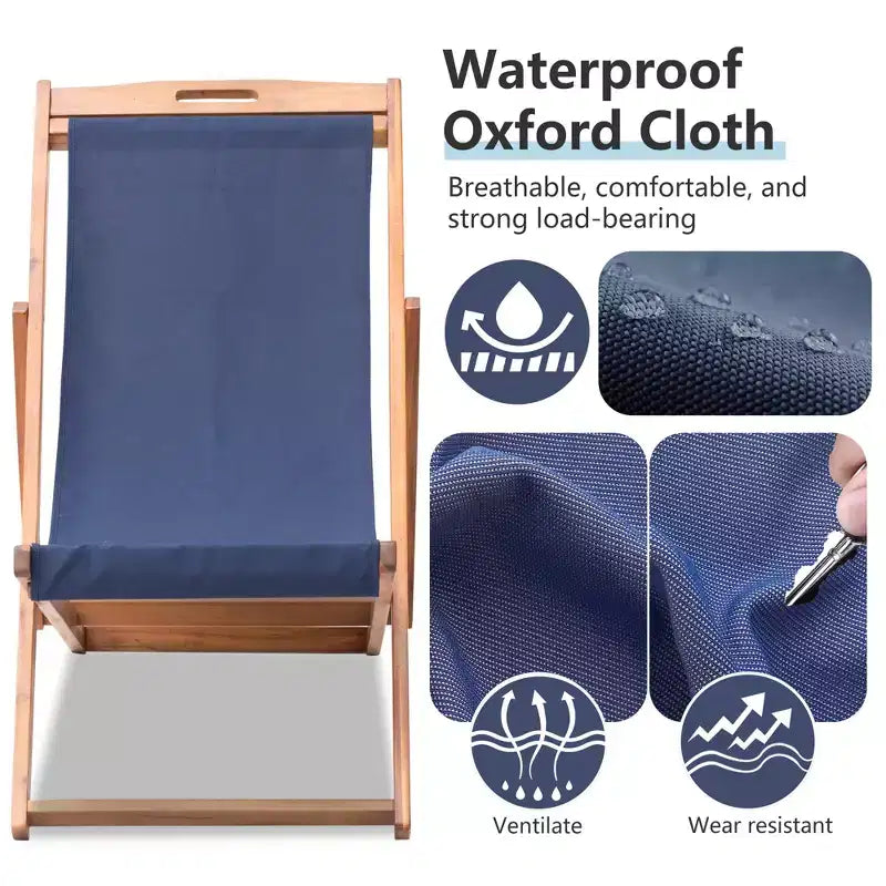 FDW Beach Sling Patio Chair for Relaxing, Foldable with Adjustable Height Made from Eucalyptus Wood with White Polyester