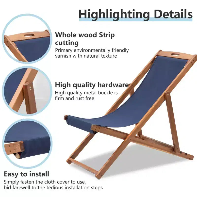 FDW Beach Sling Patio Chair for Relaxing, Foldable with Adjustable Height Made from Eucalyptus Wood with White Polyester