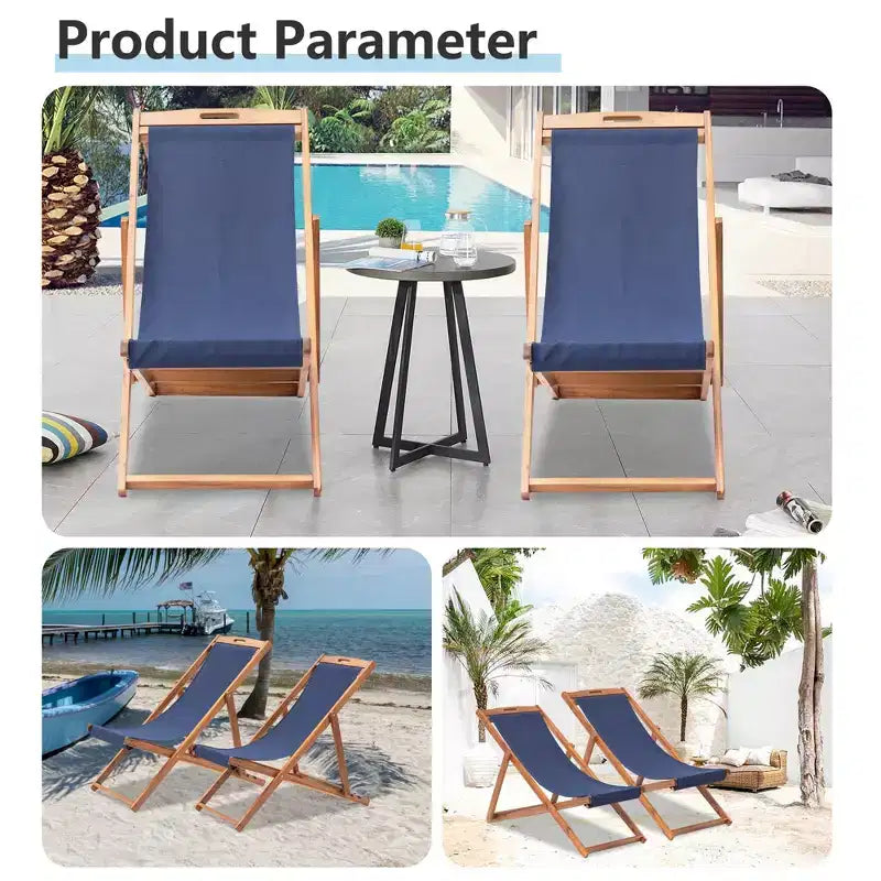 FDW Beach Sling Patio Chair for Relaxing, Foldable with Adjustable Height Made from Eucalyptus Wood with White Polyester