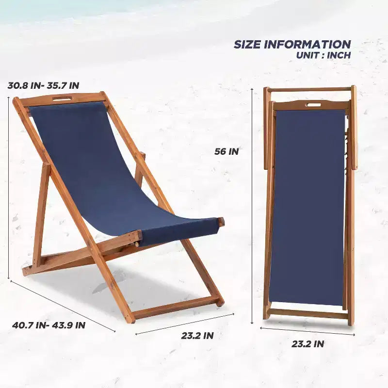 FDW Beach Sling Patio Chair for Relaxing, Foldable with Adjustable Height Made from Eucalyptus Wood with White Polyester