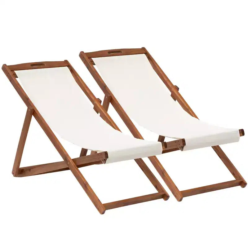 FDW Beach Sling Patio Chair for Relaxing, Foldable with Adjustable Height Made from Eucalyptus Wood with White Polyester