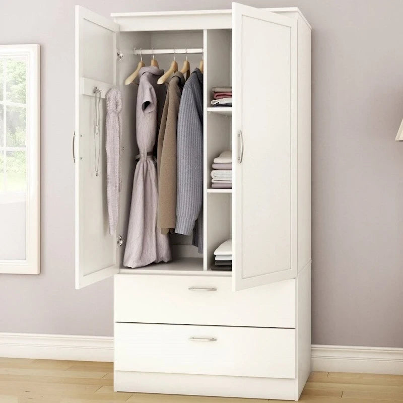Armoire de chambre blanche avec 2 tiroirs pour le rangement des vêtements - 181 cm H x 90 cm L x 50 cm P
