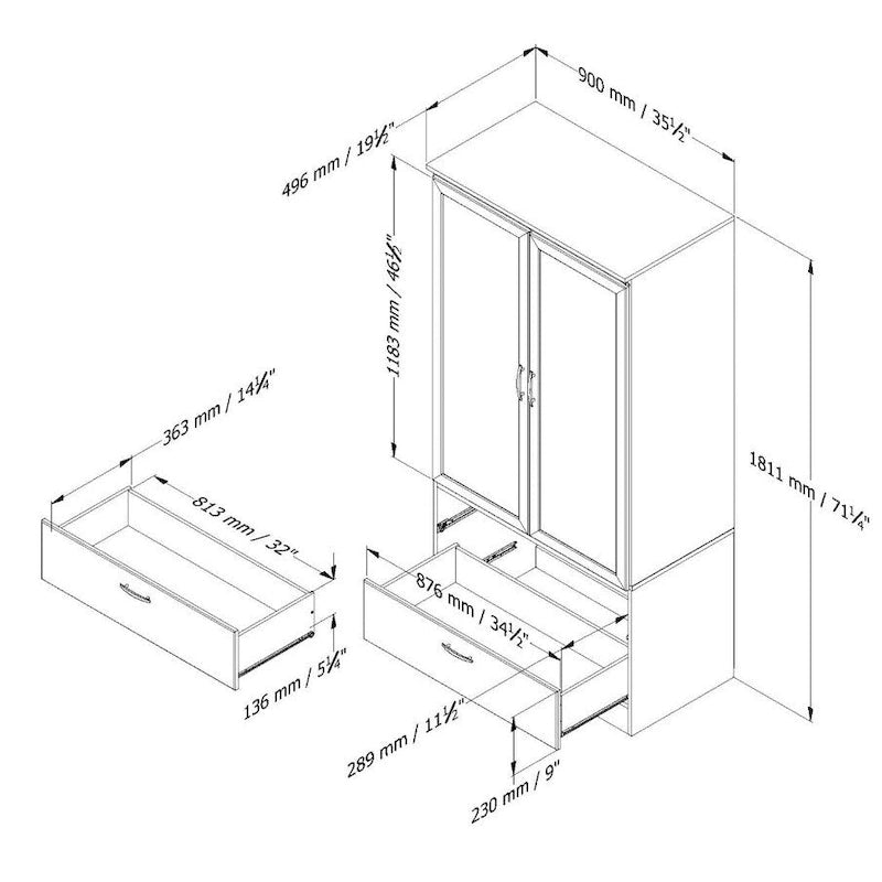 Armoire de chambre blanche avec 2 tiroirs pour le rangement des vêtements - 181 cm H x 90 cm L x 50 cm P