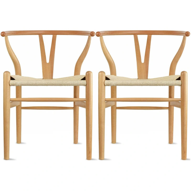 Set of 2 Natural Modern Wood Dining Chair With Back Y Arm Armchair Hemp Seat Home Restaurant Office Desk Work Kitchen