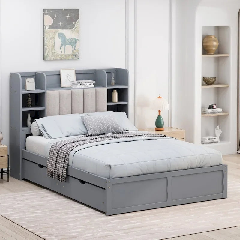 Multi-functional Full Size Bed with 4 Under-bed Portable Storage Drawers