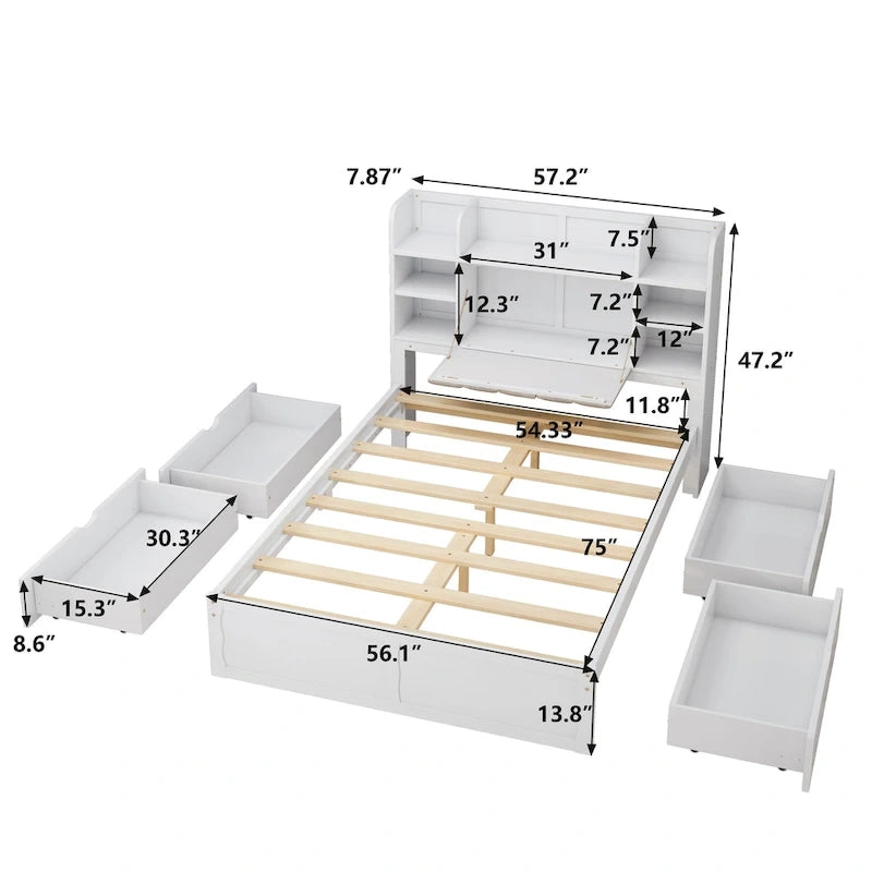 Multi-functional Full Size Bed with 4 Under-bed Portable Storage Drawers