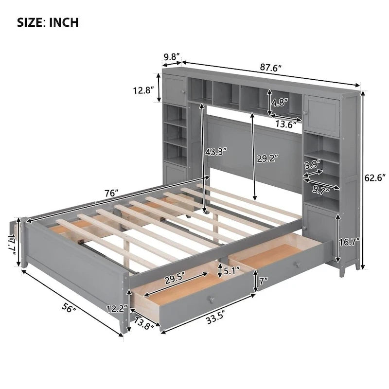 Lit double en bois avec armoire et étagère tout-en-un
