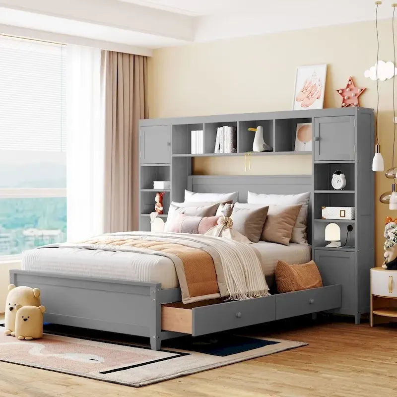 Lit double en bois avec armoire et étagère tout-en-un