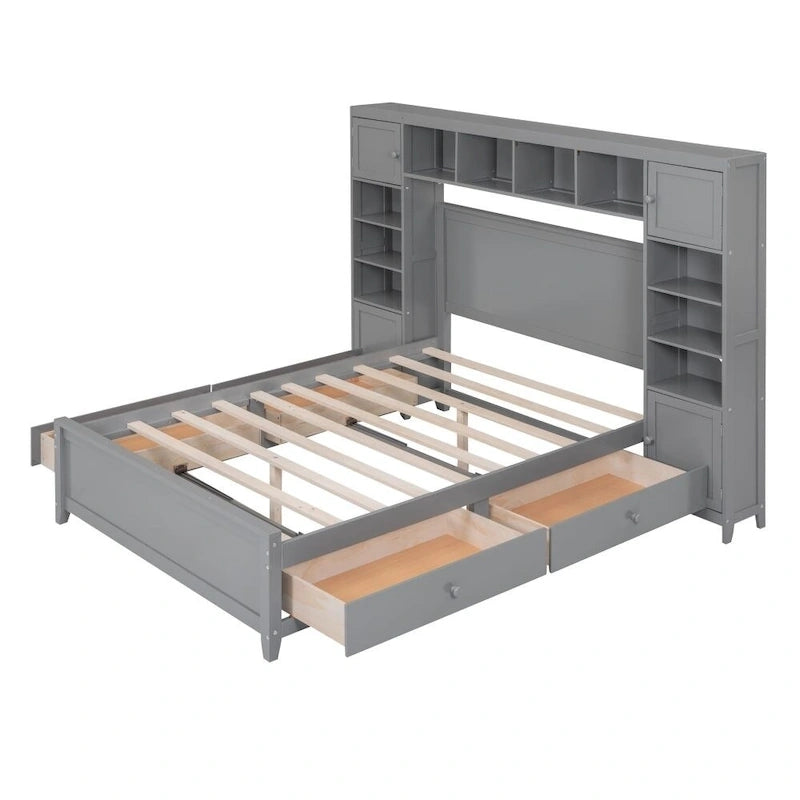 Lit double en bois avec armoire et étagère tout-en-un