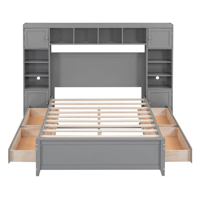 Lit double en bois avec armoire et étagère tout-en-un