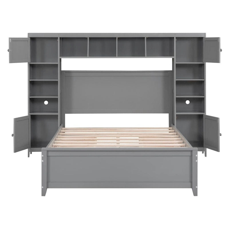 Lit double en bois avec armoire et étagère tout-en-un