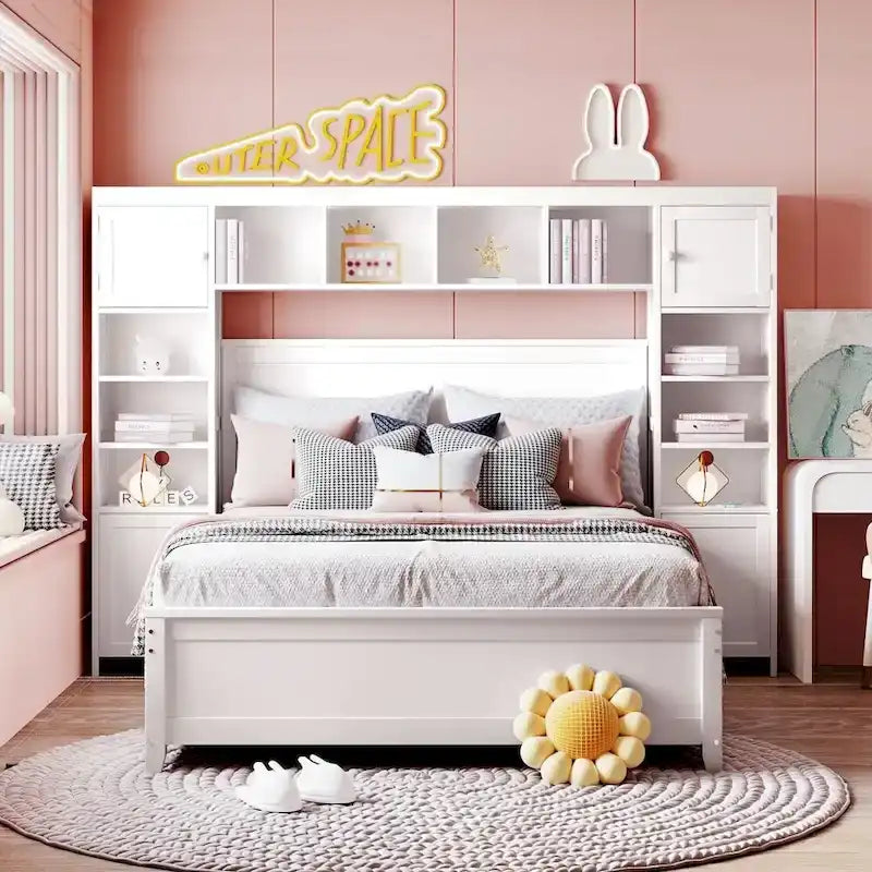 Lit double en bois avec armoire et étagère tout-en-un