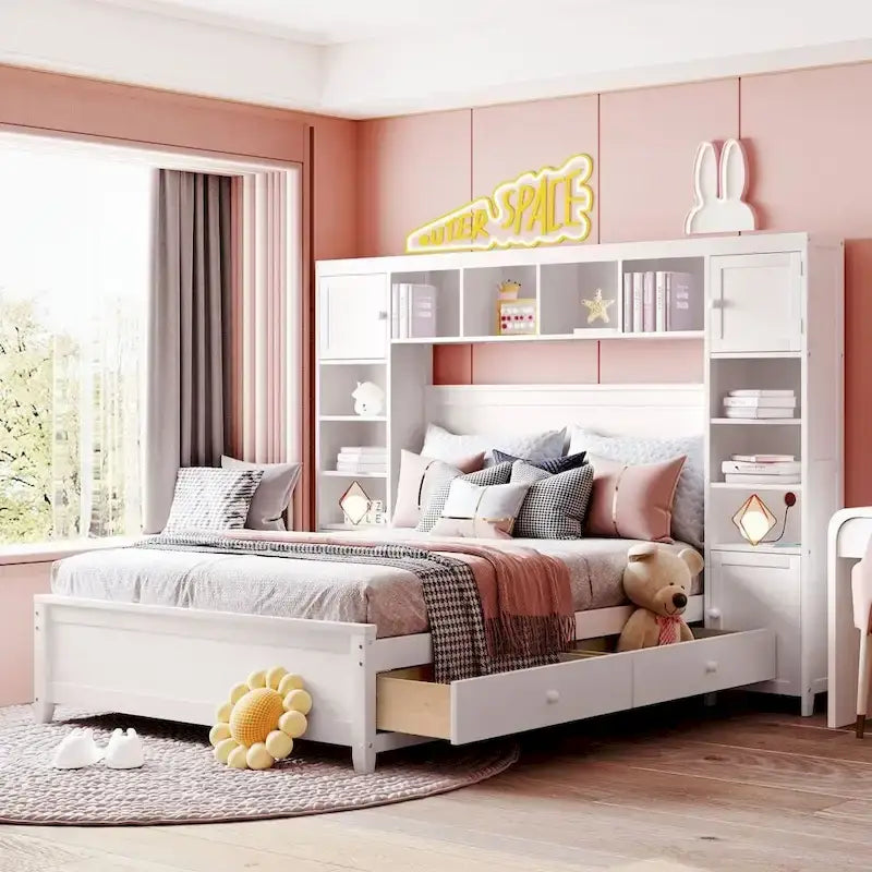 Lit double en bois avec armoire et étagère tout-en-un
