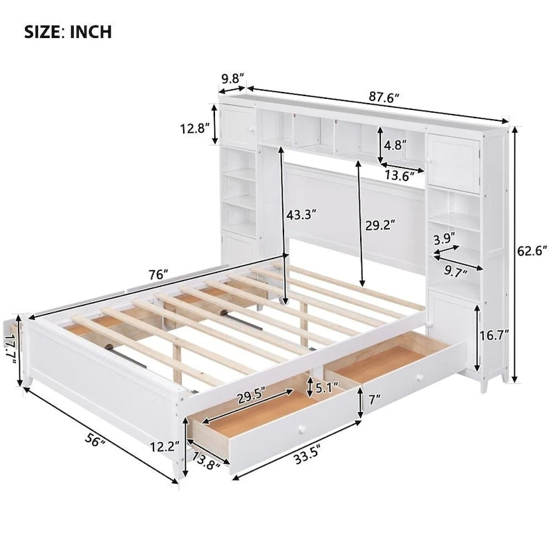 Lit double en bois avec armoire et étagère tout-en-un