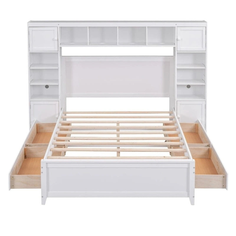 Lit double en bois avec armoire et étagère tout-en-un