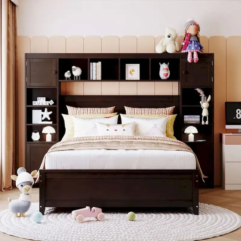 Lit double en bois avec armoire et étagère tout-en-un