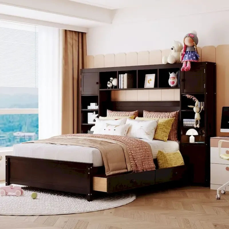 Lit double en bois avec armoire et étagère tout-en-un