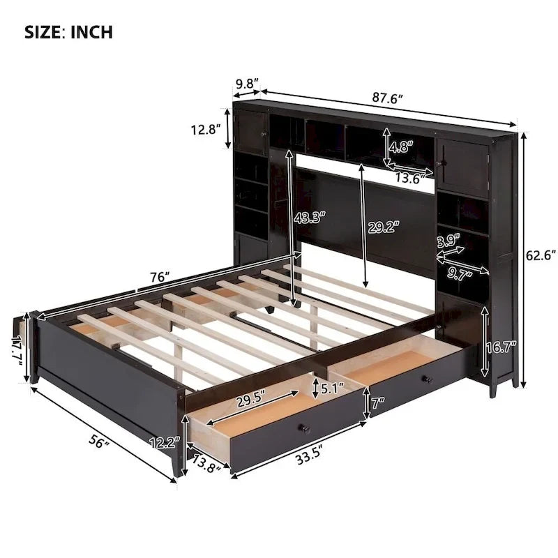 Lit double en bois avec armoire et étagère tout-en-un