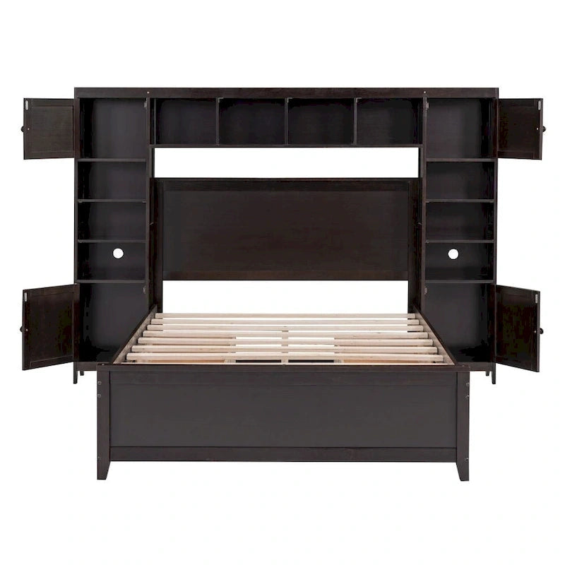 Lit double en bois avec armoire et étagère tout-en-un