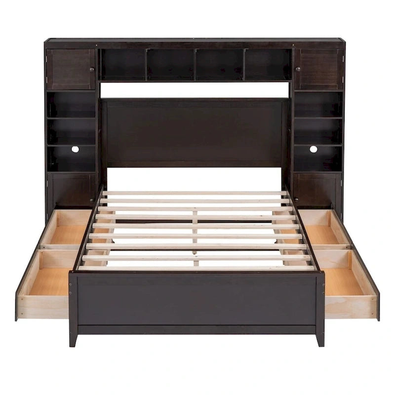 Lit double en bois avec armoire et étagère tout-en-un