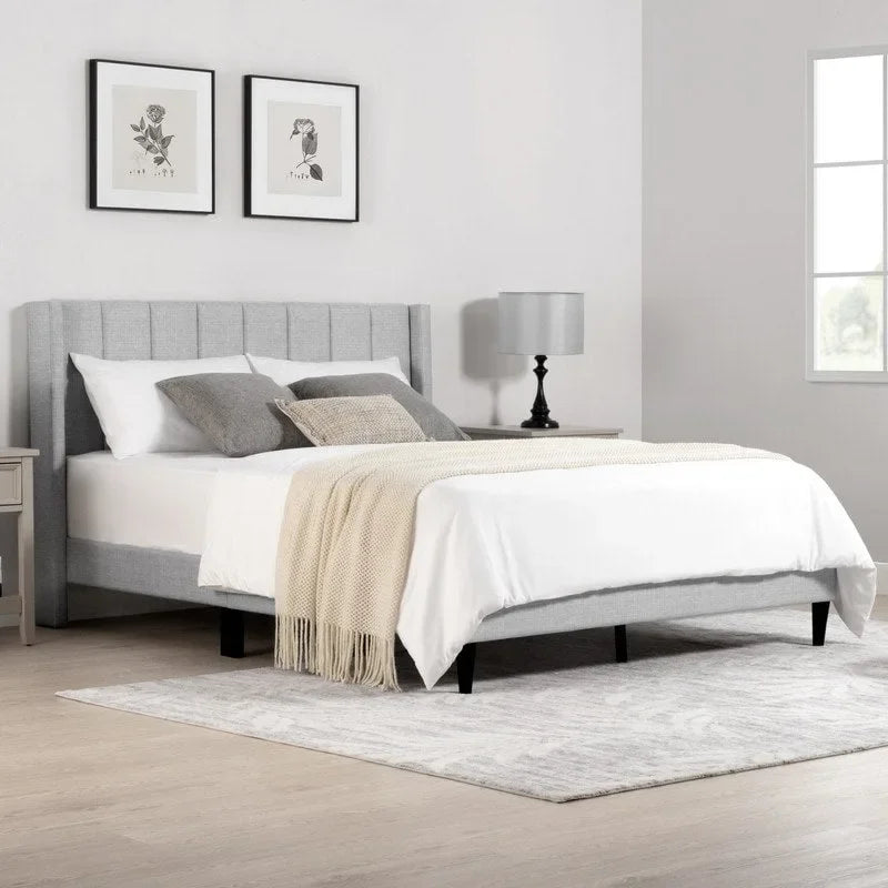 Upholstered Platform Bed Frame with Vertical Stripe Headboard