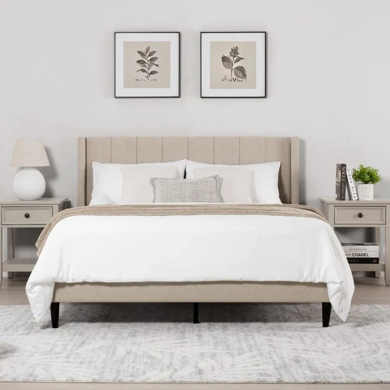 Upholstered Platform Bed Frame with Vertical Stripe Headboard