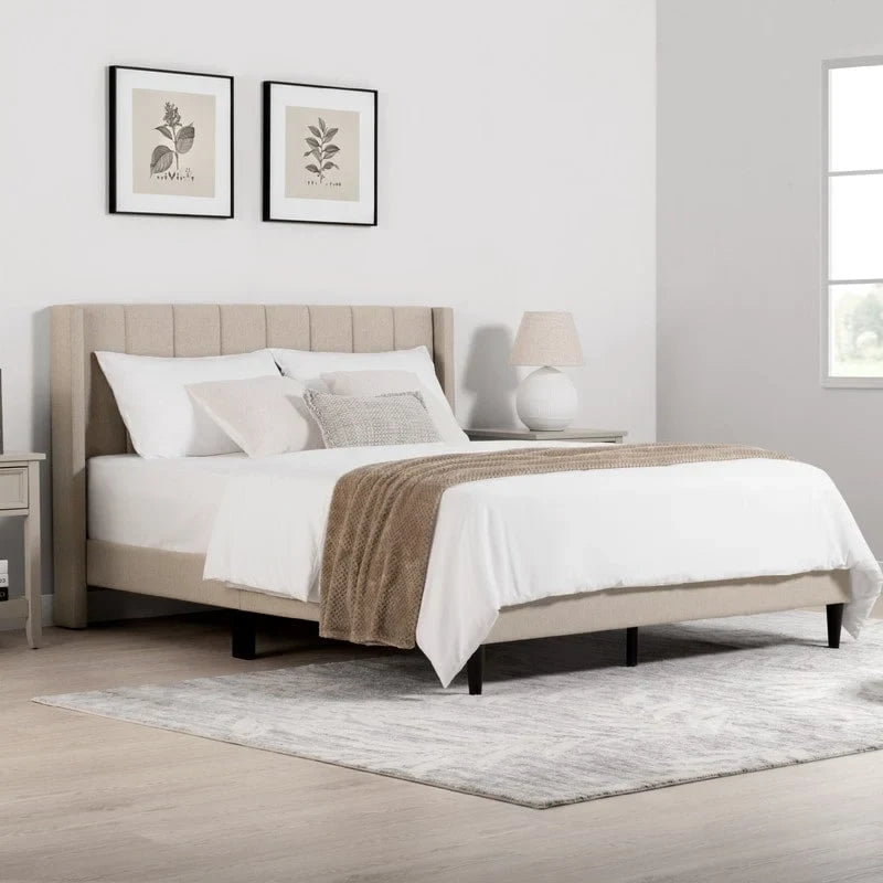 Upholstered Platform Bed Frame with Vertical Stripe Headboard