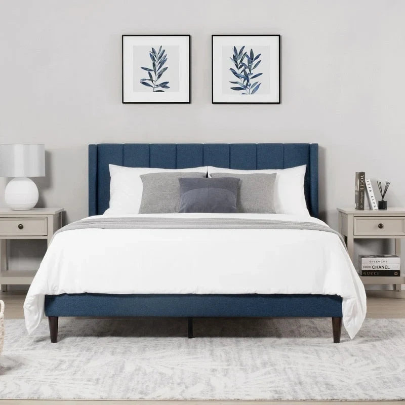 Upholstered Platform Bed Frame with Vertical Stripe Headboard