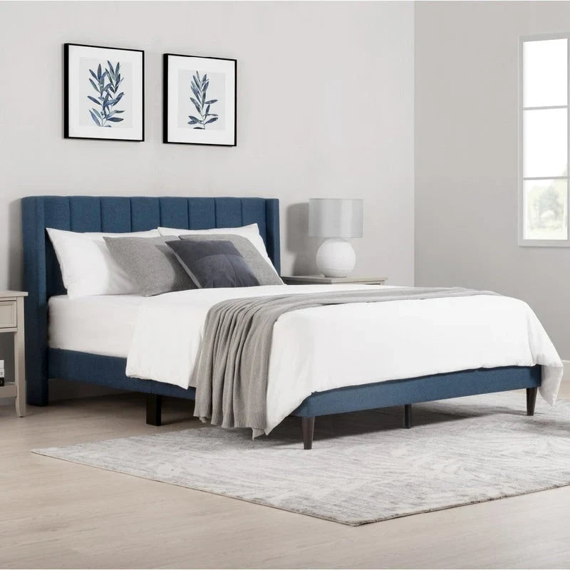 Upholstered Platform Bed Frame with Vertical Stripe Headboard