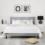 Upholstered Platform Bed Frame with Vertical Stripe Headboard